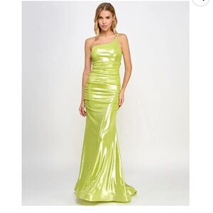 B Darling Metallic Lime Green One-Shoulder Gown.